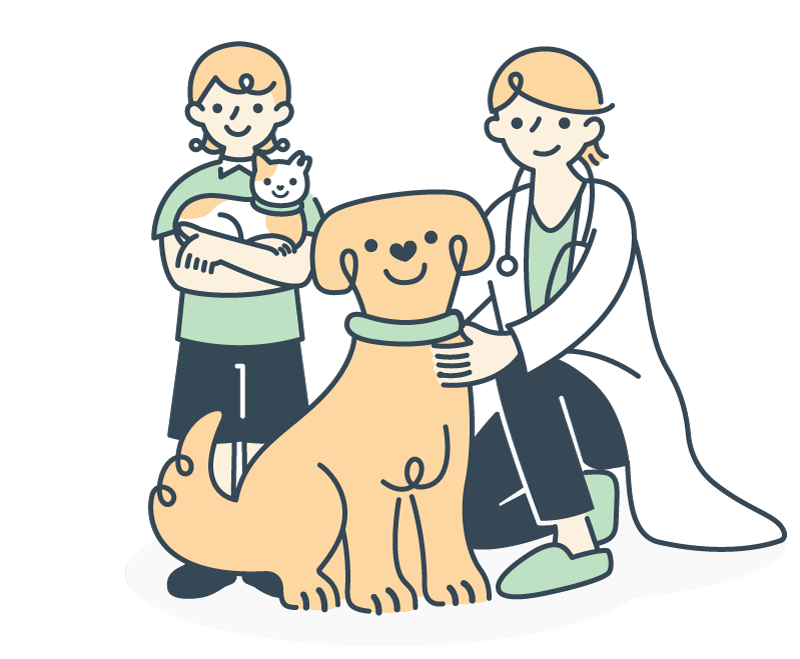 犬と猫、飼い主、獣医師を描いたKIRIKANキャラクター
